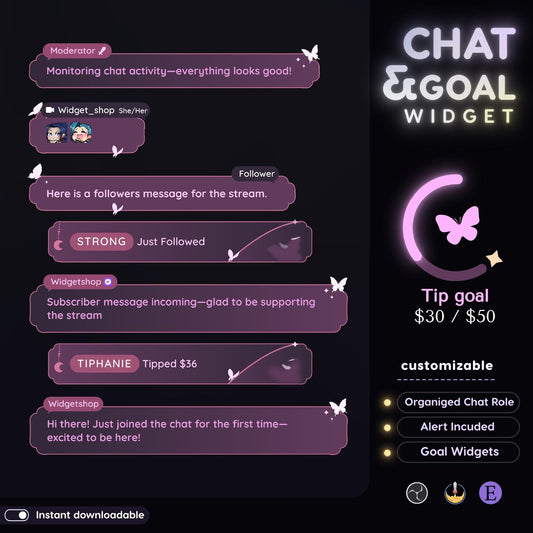 Celestial Butterfly Chat and Goal Stream Widgets - Minimal, Elegant Celestial Theme Clean Vibe Streamelement Only