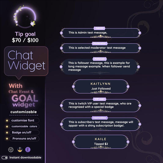 Classical Floral Purple Chat and Goal Widget •Minimal, Starry, Mystical• Chat Box with Pronouns & Alerts for Twitch Streams (StreamElements)