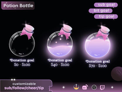 Combo Goal Widget | Potion Bottle Liquid Filling Goal Widget is fully customisable for Twitch Streamlabs, TikTok Studio, and Streamelements