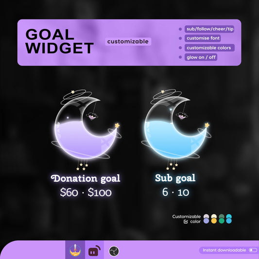 Celestial Cute Moon Liquid Filling Goal Widget is fully customisable for Twitch Streamlabs, TikTok Studio, and Streamelements.