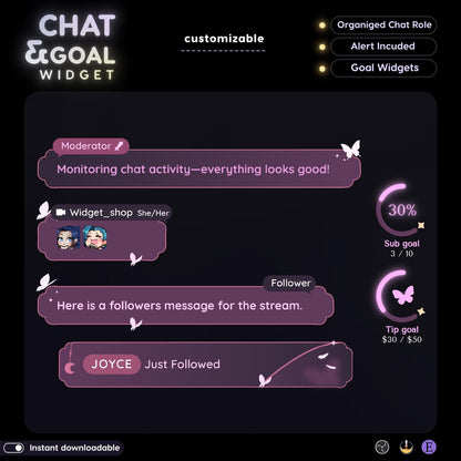 Celestial Butterfly Chat and Goal Stream Widgets - Minimal, Elegant Celestial Theme Clean Vibe Streamelement Only