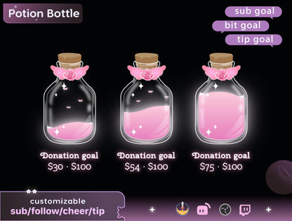 Combo Goal Widget | Potion Bottle Liquid Filling Goal Widget is fully customisable for Twitch Streamlabs, TikTok Studio, and Streamelements