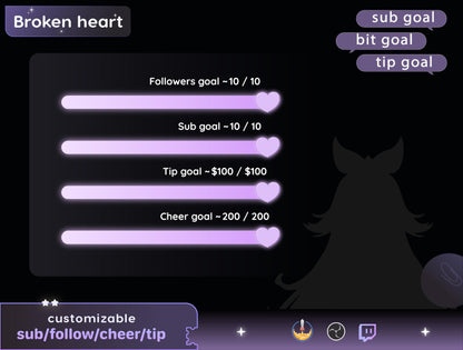 Broken Heart Bar Loading Goal Widget is fully customisable for Twitch Streamelements and OBS | Bar Goal Widget