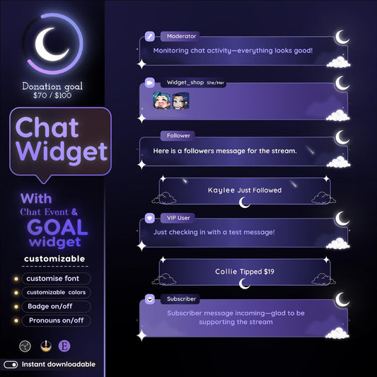 Chrystal Moon Elegant Chat and Goal Stream Widgets - Minimal, Starry Night Moon Theme Clean Vibe Streamelement Only
