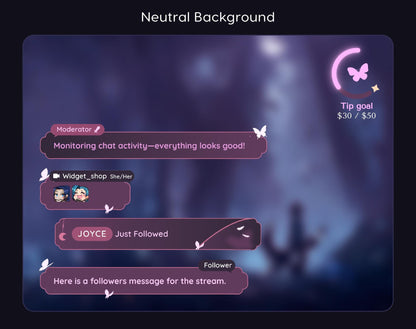 Celestial Butterfly Chat and Goal Stream Widgets - Minimal, Elegant Celestial Theme Clean Vibe Streamelement Only