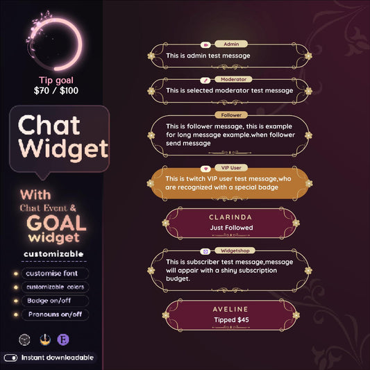 Classical Floral Red Chat and Goal Widget •Minimal, Starry, Mystical• Chat Box with Pronouns & Alerts for Twitch StreamElements