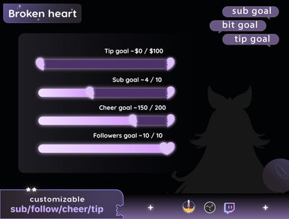 Broken Heart Bar Loading Goal Widget is fully customisable for Twitch Streamelements and OBS | Bar Goal Widget