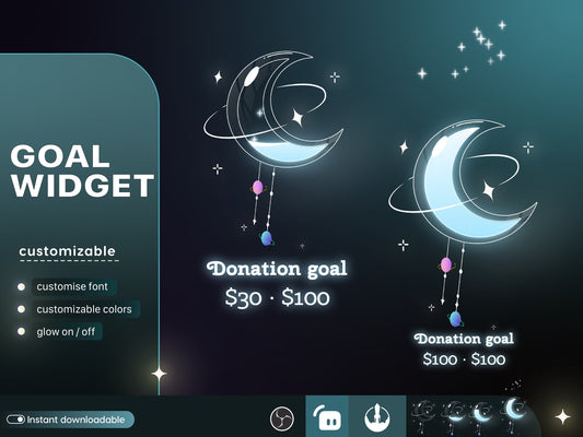 Celestial Moon Cute Liquid Filling Goal Widget is fully customisable for Twitch Streamlabs, TikTok Studio, and Streamelements.