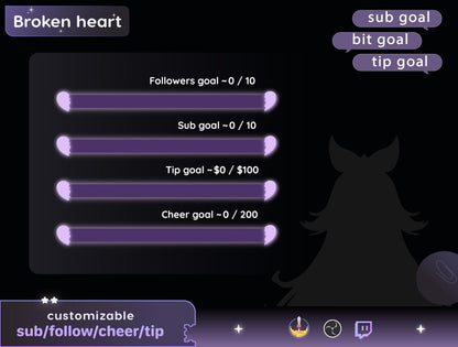 Broken Heart Bar Loading Goal Widget is fully customisable for Twitch Streamelements and OBS | Bar Goal Widget