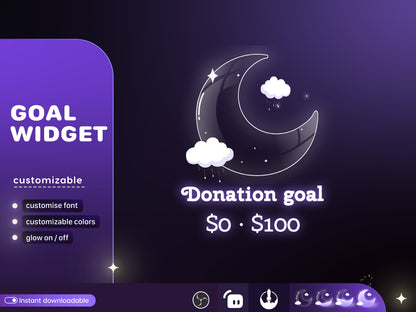 Cute Moon Cloud Glass Goal Widget-Cute Minimal Customizable Goal Widget for Twitch Streamers -Streamelements StreamLabs OBS