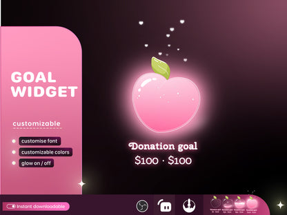 Cute Peach Glass Goal Widget-Cute Minimal Customizable Goal Widget for Twitch Streamers -Streamelements StreamLabs OBS