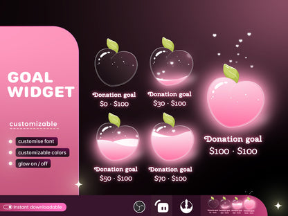 Cute Peach Glass Goal Widget-Cute Minimal Customizable Goal Widget for Twitch Streamers -Streamelements StreamLabs OBS