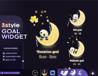 Cute Moon Panda Combo Liquid Filling Goal Widget is fully customisable for Twitch Streamlabs and Streamelements.