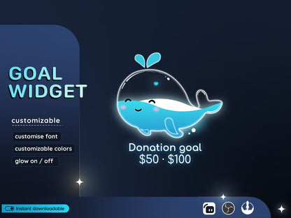 Cute Blue Whale Liquid Filling Goal Widget is fully customisable for Twitch Streamlabs and Streamelements.