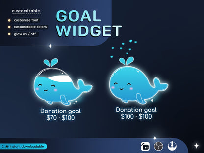 Cute Blue Whale Liquid Filling Goal Widget is fully customisable for Twitch Streamlabs and Streamelements.