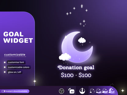 Cute Moon Cloud Glass Goal Widget-Cute Minimal Customizable Goal Widget for Twitch Streamers -Streamelements StreamLabs OBS