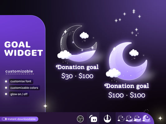 Cute Moon Cloud Glass Goal Widget-Cute Minimal Customizable Goal Widget for Twitch Streamers -Streamelements StreamLabs OBS