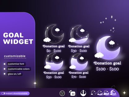 Cute Moon Cloud Glass Goal Widget-Cute Minimal Customizable Goal Widget for Twitch Streamers -Streamelements StreamLabs OBS