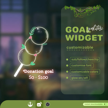 Yakitori Skewered Liquid Filling Goal Widget is fully customisable for Twitch Streamlabs and Streamelements.