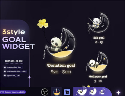 Cute Moon Panda Combo Liquid Filling Goal Widget is fully customisable for Twitch Streamlabs and Streamelements.