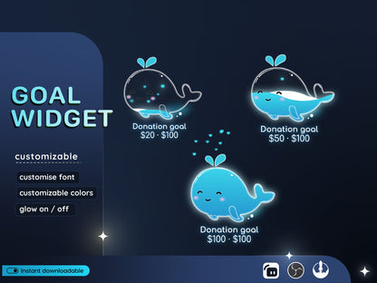 Cute Blue Whale Liquid Filling Goal Widget is fully customisable for Twitch Streamlabs and Streamelements.