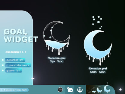 Cute Melting Moon Liquid Filling Goal Widget is fully customisable for Twitch Streamlabs and Streamelements.