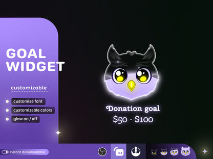 Cute Owl Liquid Filling Goal Widget is fully customisable for Twitch Streamlabs and Streamelements.