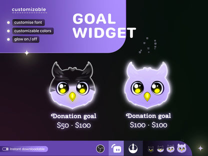 Cute Owl Liquid Filling Goal Widget is fully customisable for Twitch Streamlabs and Streamelements.