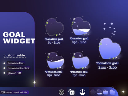 Cute Minimalist Heart Liquid Filling Goal Widget is fully customisable for Twitch Streamlabs and Streamelements.