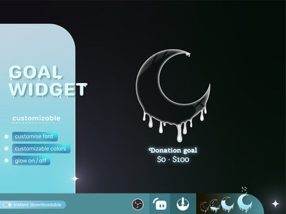 Cute Melting Moon Liquid Filling Goal Widget is fully customisable for Twitch Streamlabs and Streamelements.