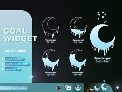 Cute Melting Moon Liquid Filling Goal Widget is fully customisable for Twitch Streamlabs and Streamelements.