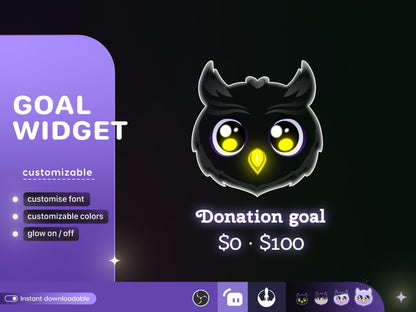 Cute Owl Liquid Filling Goal Widget is fully customisable for Twitch Streamlabs and Streamelements.