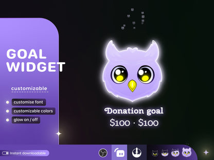 Cute Owl Liquid Filling Goal Widget is fully customisable for Twitch Streamlabs and Streamelements.