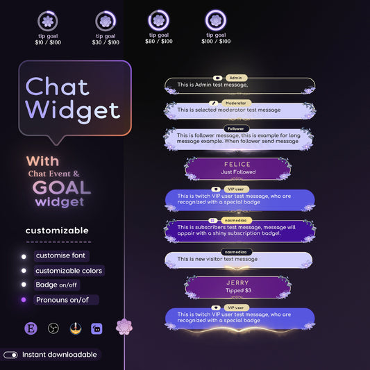 Floral Purple Chat Widget • Minimal, Starry, Mystical Elegant Theme • Chat Box with Pronouns & Alerts for Twitch Streams (StreamElements)