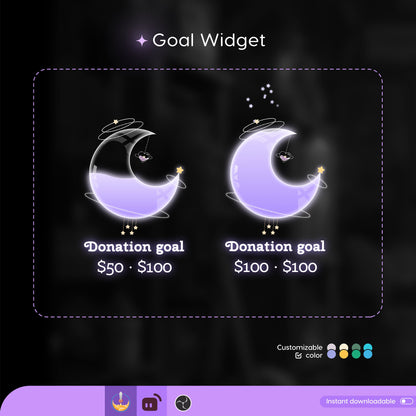 Celestial Cute Moon Liquid Filling Goal Widget is fully customisable for Twitch Streamlabs and Streamelements.