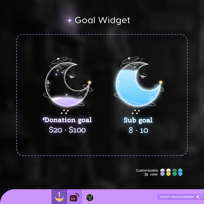 Celestial Cute Moon Liquid Filling Goal Widget is fully customisable for Twitch Streamlabs and Streamelements.