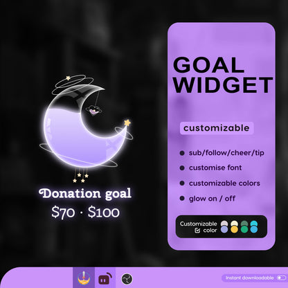 Celestial Cute Moon Liquid Filling Goal Widget is fully customisable for Twitch Streamlabs and Streamelements.