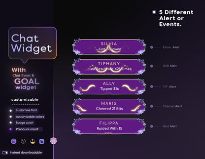 Floral Purple Chat Widget • Minimal, Starry, Mystical Elegant Theme • Chat Box with Pronouns & Alerts for Twitch Streams (StreamElements)