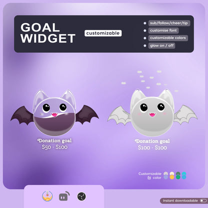 Cute Spooky Bat Liquid Filling Goal Widget is fully customisable for Twitch Streamlabs and Streamelements