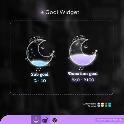 Celestial Cute Moon Liquid Filling Goal Widget is fully customisable for Twitch Streamlabs and Streamelements.