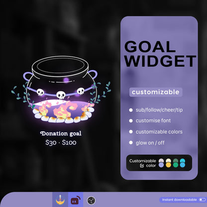 Spooky Cauldron Liquid Filling Goal Widget is fully customisable for Twitch Streamlabs and Stream-elements.