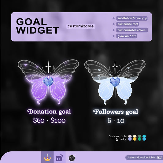 Diamond Butterfly Liquid Filling Goal Widget is fully customisable for Twitch Streamlabs and Stream-elements