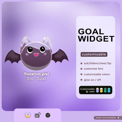 Cute Spooky Bat Liquid Filling Goal Widget is fully customisable for Twitch Streamlabs and Streamelements