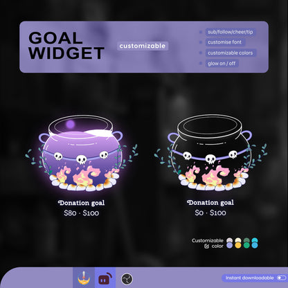 Spooky Cauldron Liquid Filling Goal Widget is fully customisable for Twitch Streamlabs and Stream-elements.