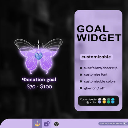 Diamond Butterfly Liquid Filling Goal Widget is fully customisable for Twitch Streamlabs and Stream-elements