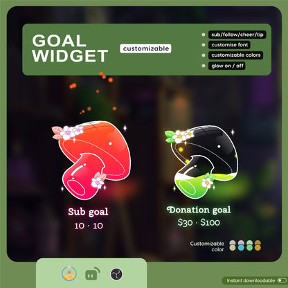 Mushroom Goal Widget |  Liquid Filling Goal Widget is fully customisable for Twitch Streamlabs and Streamelements