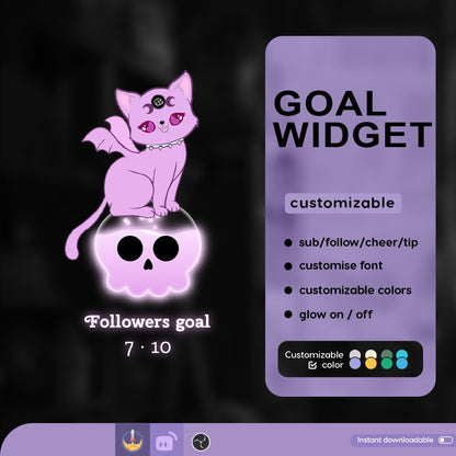 Cat Goth Goal Widget | Cute Cat Skull Liquid Filling Goal Widget is fully customisable for Twitch Streamlabs and Streamelements