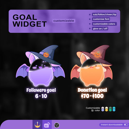 Cute Bat Liquid Filling Goal Widget is fully customisable for Twitch Streamlabs and Streamelements