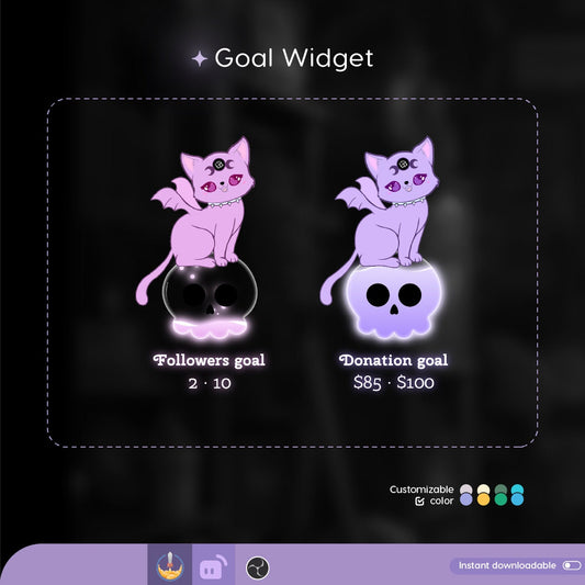 Cat Goth Goal Widget | Cute Cat Skull Liquid Filling Goal Widget is fully customisable for Twitch Streamlabs and Streamelements