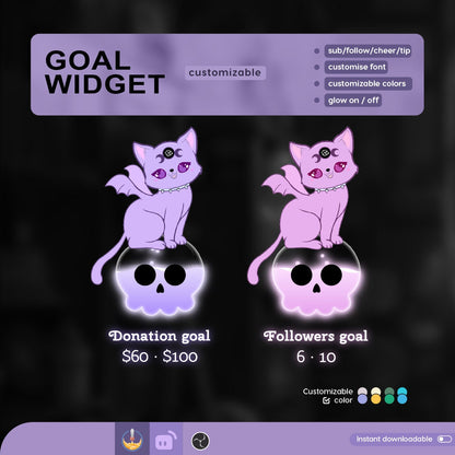 Cat Goth Goal Widget | Cute Cat Skull Liquid Filling Goal Widget is fully customisable for Twitch Streamlabs and Streamelements